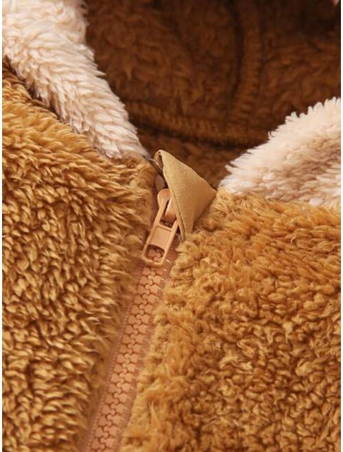 Shein Young Boy Letter Patched Kangaroo Pocket 3D Ear Design Hooded Teddy Jacket