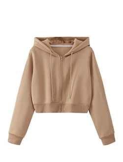 Women's Long Sleeve Drawstring Full Zip Hooded Jacket Crop Sweatshirt