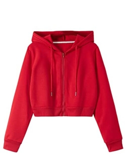 Women's Long Sleeve Drawstring Full Zip Hooded Jacket Crop Sweatshirt