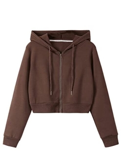 Women's Long Sleeve Drawstring Full Zip Hooded Jacket Crop Sweatshirt