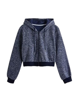 Women's Long Sleeve Drawstring Full Zip Hooded Jacket Crop Sweatshirt