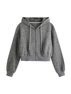 Women's Long Sleeve Drawstring Full Zip Hooded Jacket Crop Sweatshirt