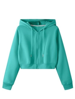 Women's Long Sleeve Drawstring Full Zip Hooded Jacket Crop Sweatshirt