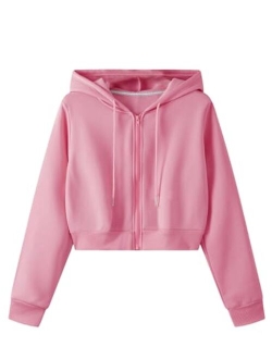 Women's Long Sleeve Drawstring Full Zip Hooded Jacket Crop Sweatshirt