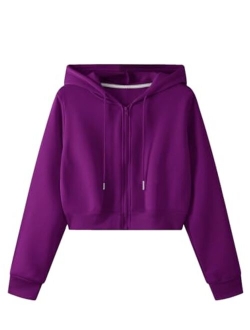 Women's Long Sleeve Drawstring Full Zip Hooded Jacket Crop Sweatshirt