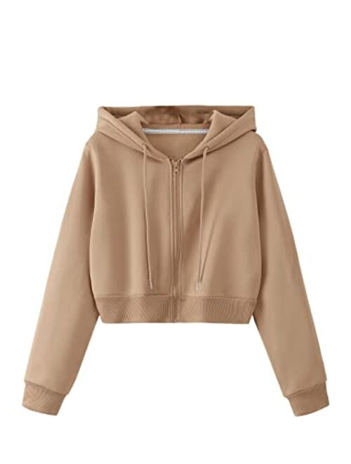 SweatyRocks Women's Long Sleeve Drawstring Full Zip Hooded Jacket Crop Sweatshirt