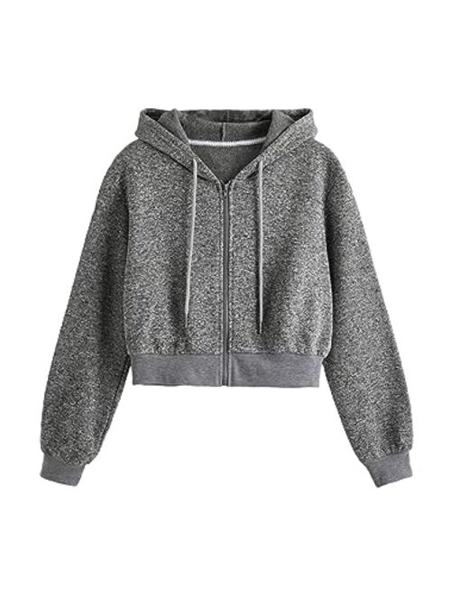 SweatyRocks Women's Long Sleeve Drawstring Full Zip Hooded Jacket Crop Sweatshirt