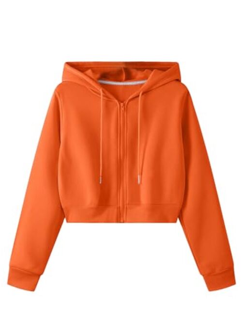 SweatyRocks Women's Long Sleeve Drawstring Full Zip Hooded Jacket Crop Sweatshirt