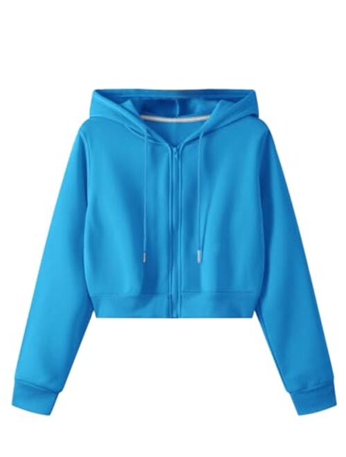 SweatyRocks Women's Long Sleeve Drawstring Full Zip Hooded Jacket Crop Sweatshirt