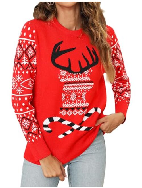 Riyiper Women's Long Sleeve Christmas Sweater Reindeer Snowflakes Xmas Round Neck Sweater Pullover