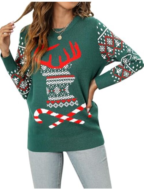 Riyiper Women's Long Sleeve Christmas Sweater Reindeer Snowflakes Xmas Round Neck Sweater Pullover