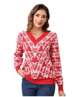 MISSKY Women's Ugly Christmas Sweaters Knit Pullover Holiday Vacation Long Sleeve Sweaters Funny Reindeer Snowflake