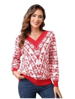 MISSKY Women's Ugly Christmas Sweaters Knit Pullover Holiday Vacation Long Sleeve Sweaters Funny Reindeer Snowflake