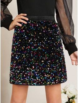 SHEIN Kids CHARMNG Older Girl's Woven Sequined Fitted Skirt