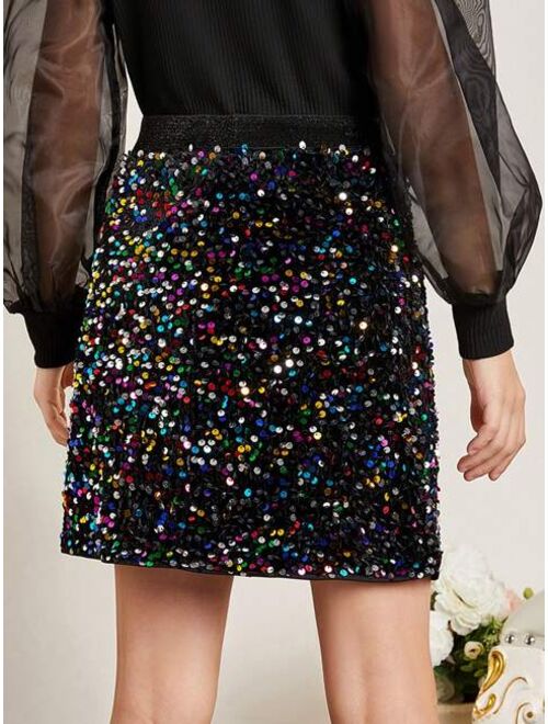 SHEIN Kids CHARMNG Older Girl's Woven Sequined Fitted Skirt