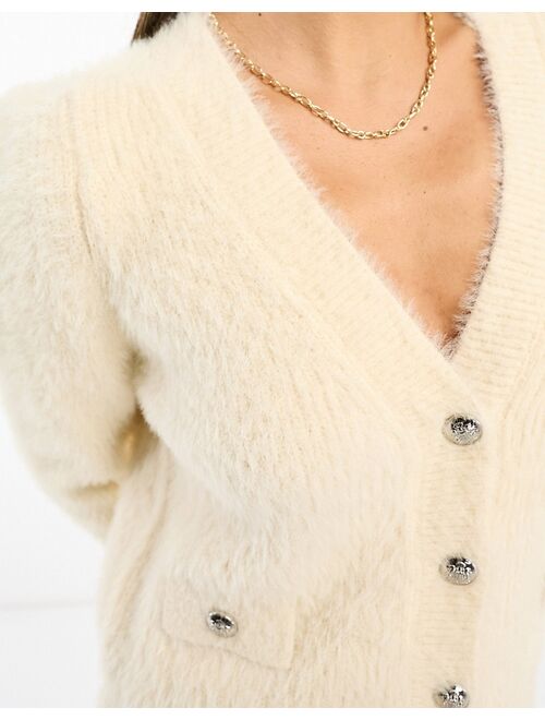 River Island fluffy knit cardi with gold button detail in cream