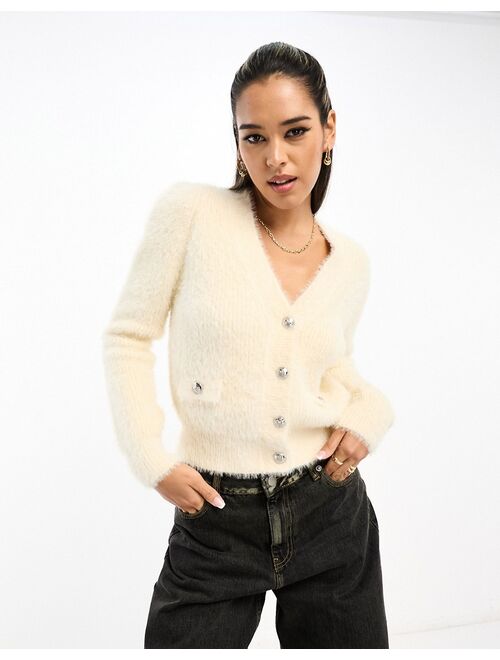 River Island fluffy knit cardi with gold button detail in cream