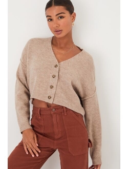 Cozy Ease Heather Brown Button-Up Cropped Cardigan Sweater