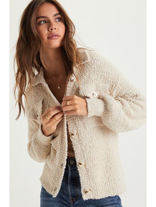 Lulus Cozy Simplicity Ivory Textured Chenille Knit Button-Up Sweater