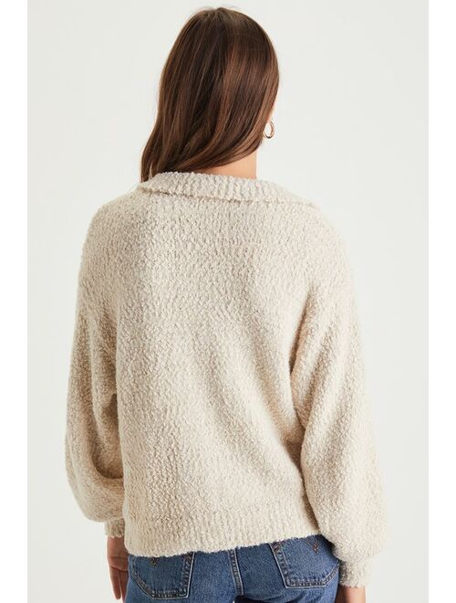 Lulus Cozy Simplicity Ivory Textured Chenille Knit Button-Up Sweater