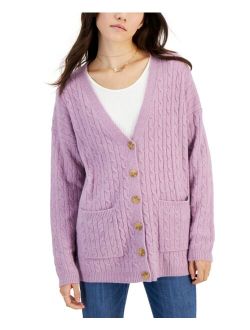 Hippie Rose Juniors' Baby-Cable-Knit Button-Front Cardigan