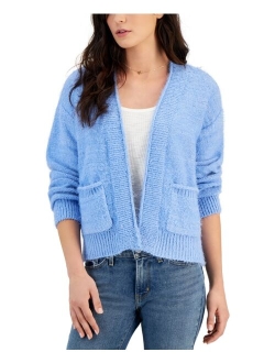 Hooked Up by IOT Juniors' Open-Front Lurex Eyelash-Knit Cardigan