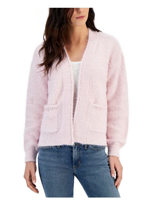 Hooked Up by IOT Juniors' Open-Front Lurex Eyelash-Knit Cardigan