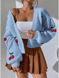 SHEIN Qutie Cherry Embroidery Lantern Sleeve Cardigan