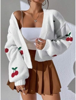 SHEIN Qutie Cherry Embroidery Lantern Sleeve Cardigan