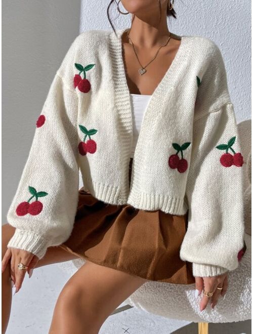 SHEIN Qutie Cherry Embroidery Lantern Sleeve Cardigan