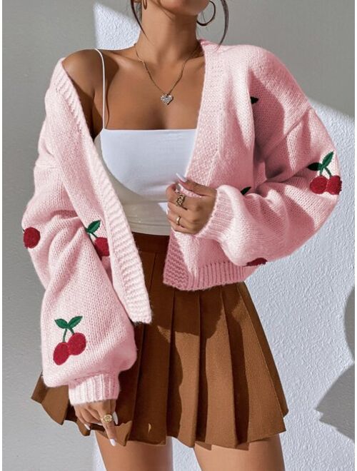 SHEIN Qutie Cherry Embroidery Lantern Sleeve Cardigan