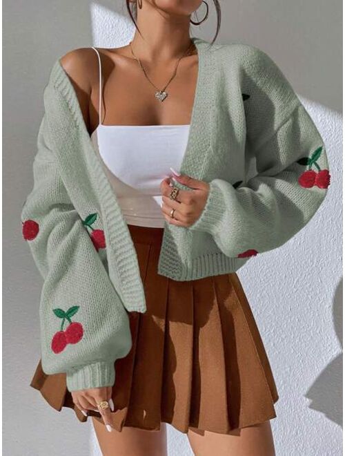 SHEIN Qutie Cherry Embroidery Lantern Sleeve Cardigan