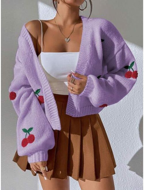 SHEIN Qutie Cherry Embroidery Lantern Sleeve Cardigan