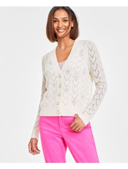 Women's 100% Cashmere Heart Pointelle Button Cardigan, Created for Macy's