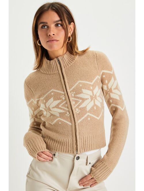 Lulus Inviting Comfort Beige Fair Isle Knit Zip-Front Cardigan