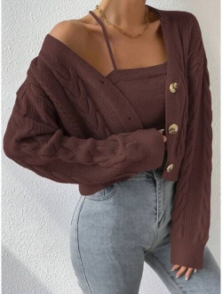 Drop Shoulder Cable Knit Cardigan Crop Knit Top