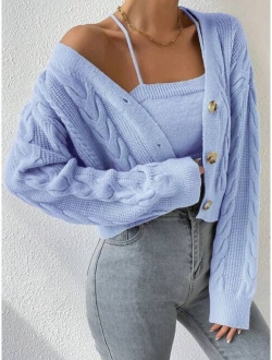 Drop Shoulder Cable Knit Cardigan Crop Knit Top