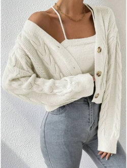 Drop Shoulder Cable Knit Cardigan Crop Knit Top