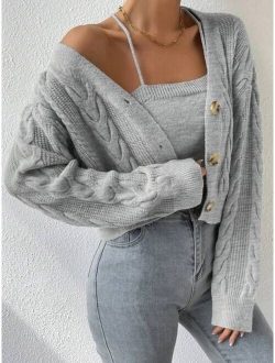 Drop Shoulder Cable Knit Cardigan Crop Knit Top