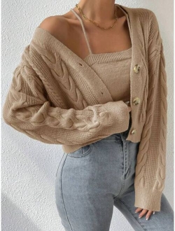 Drop Shoulder Cable Knit Cardigan Crop Knit Top