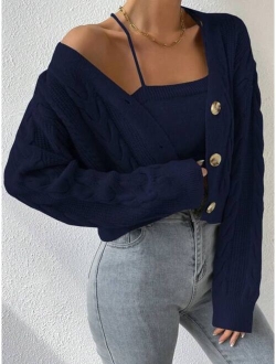 Drop Shoulder Cable Knit Cardigan Crop Knit Top