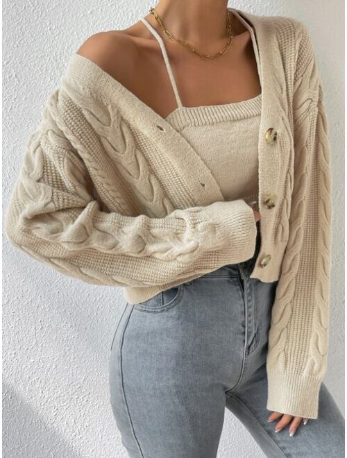 Drop Shoulder Cable Knit Cardigan Crop Knit Top