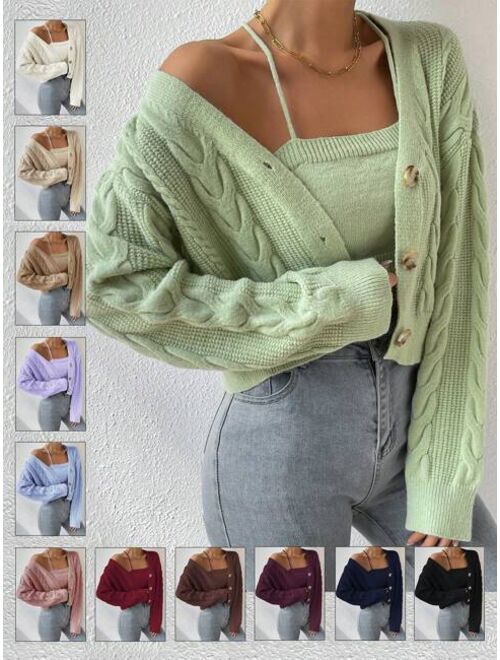 Drop Shoulder Cable Knit Cardigan Crop Knit Top