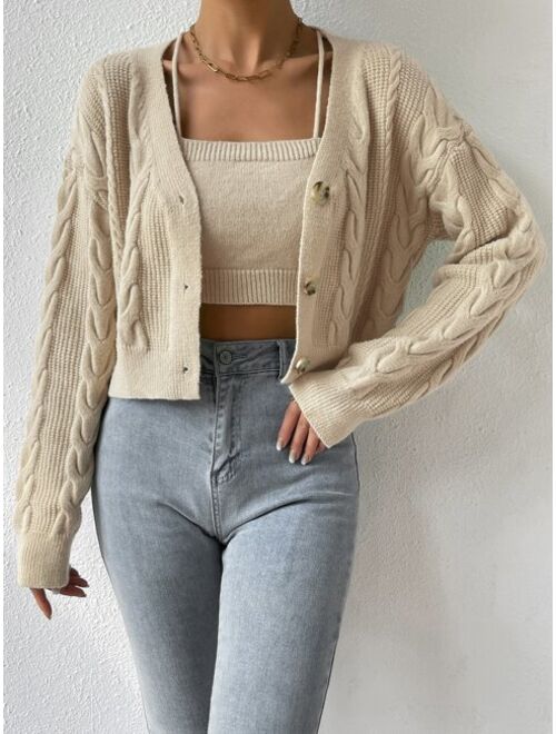 Drop Shoulder Cable Knit Cardigan Crop Knit Top