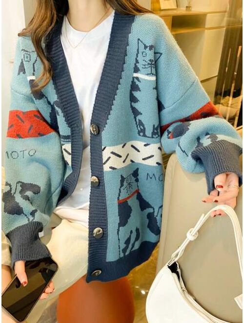 Cartoon Pattern Drop Shoulder Oversized Cardigan