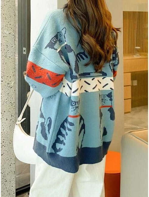 Cartoon Pattern Drop Shoulder Oversized Cardigan