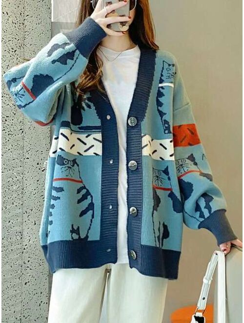 Cartoon Pattern Drop Shoulder Oversized Cardigan