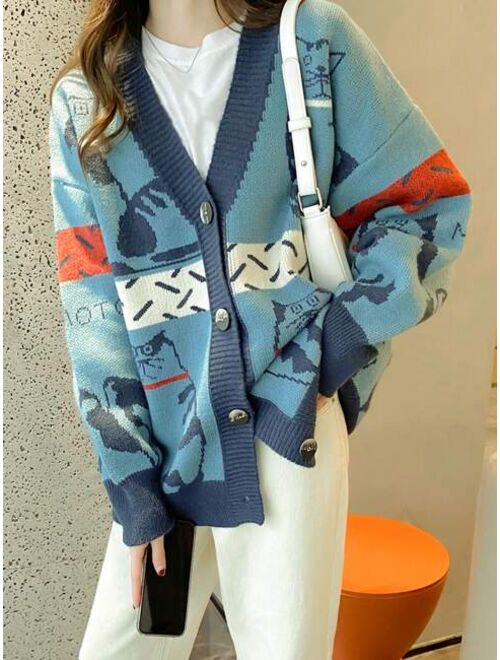 Cartoon Pattern Drop Shoulder Oversized Cardigan