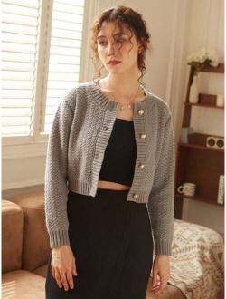 Knit Mix Solid Button Up Cardigan