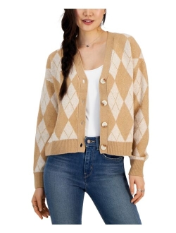 Hooked Up by IOT Juniors' Metallic Argyle V-Neck Cardigan